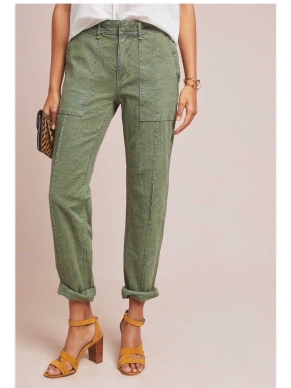 by Anthropologie The Wanderer Olive Green Patterned Cotton Cargo Pants Sz 28
